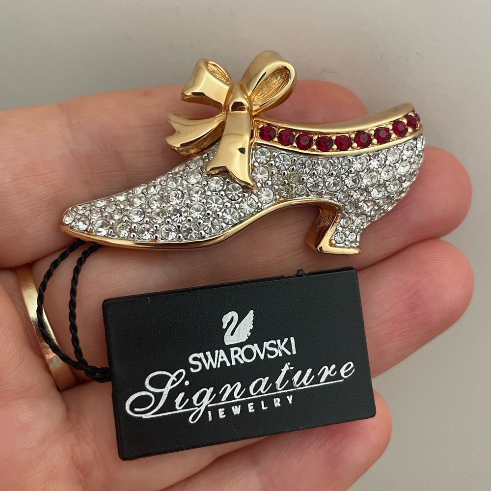 Vintage Retired SWAROVSKI Gold Plated Red-Clear Crystal Shoe Brooch Pin